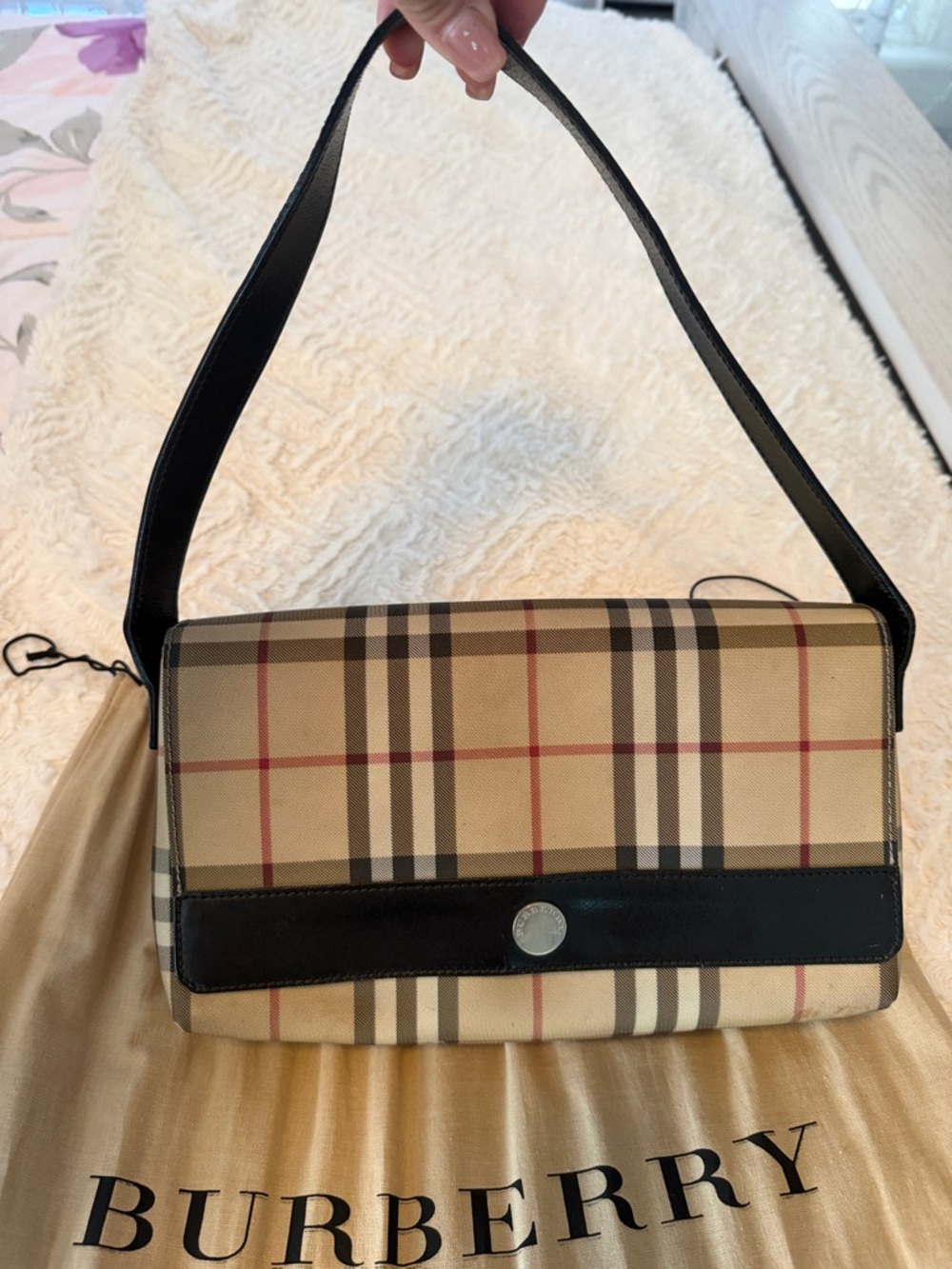 Burberry Beige Check Canvas Shoulder Bag with Black Trim - Picture 10 of 16